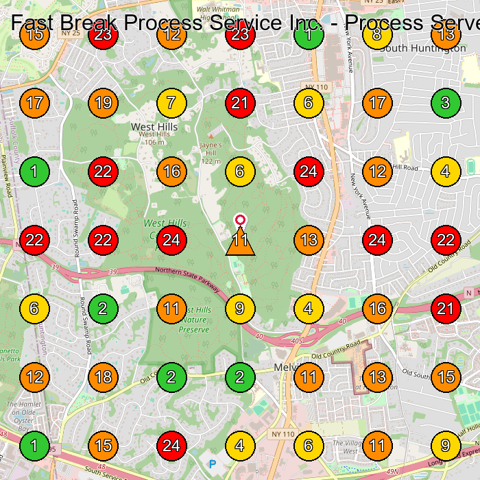 Fast Break Process Service Inc. - Process Server Long Island Process Server GeoGrid ranking map for Melville NY